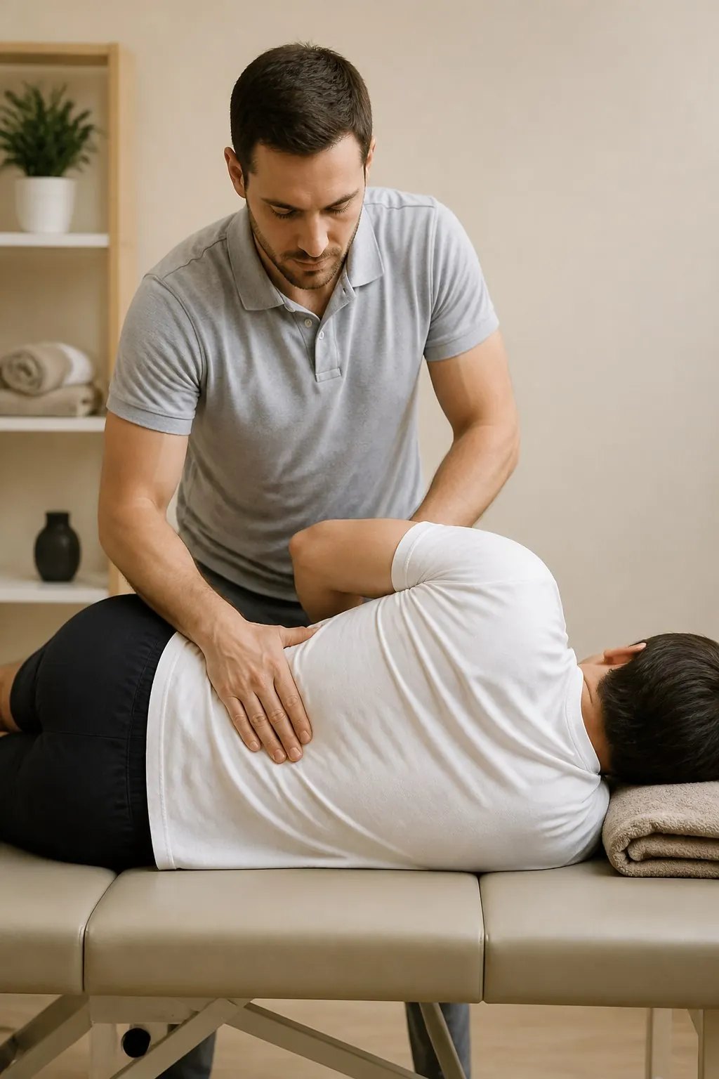Physiotherapist assessing lower back pain on a treatment table in Calgary