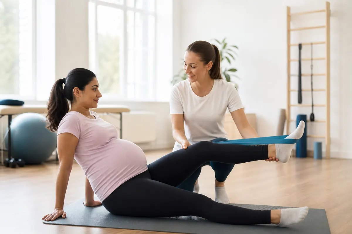 Physiotherapist explaining pelvic floor care to a patient in a Calgary clinic