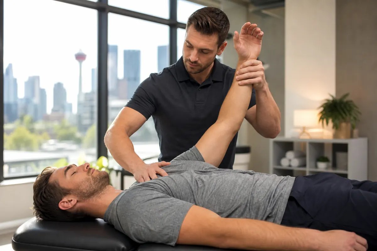 Physiotherapist guiding sports rehab exercise in a Calgary clinic